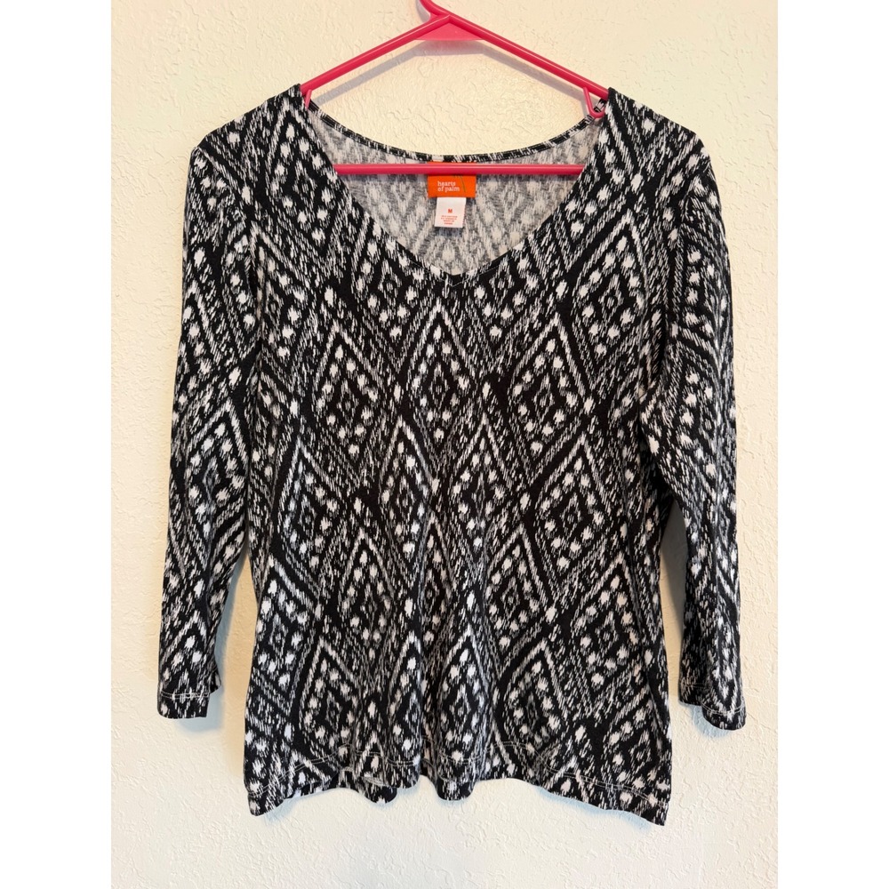 Hearts of Palm Womens Black White Ikat Diamond V-Neck 3/4 Sleeve Top M